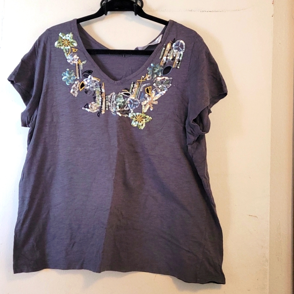 Vneck Tshirt with Sequin Embroidery